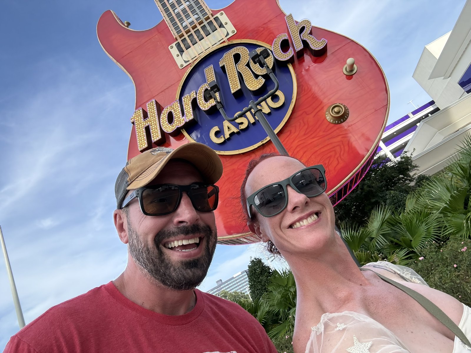 Heidi and Vincent in front of the Hard Rock Casino guitar in Biloxi